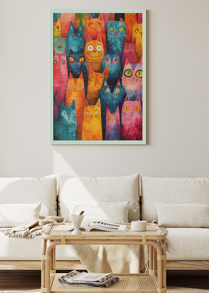 Colourful Cat Crowd Canvas Print & Poster – Playful Cat Wall Art