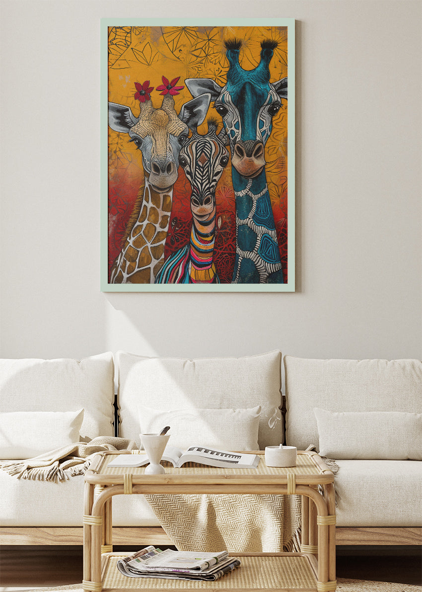 Giraffe & Zebra Trio Canvas Print & Poster – Colourful Safari Wall Art