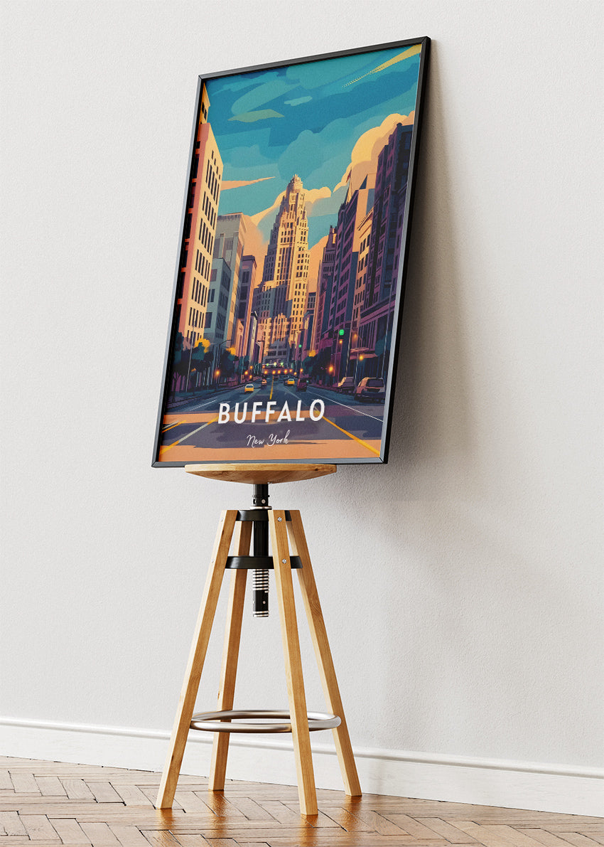 Buffalo New York Poster & Canvas Print – Retro Downtown Cityscape Illustration