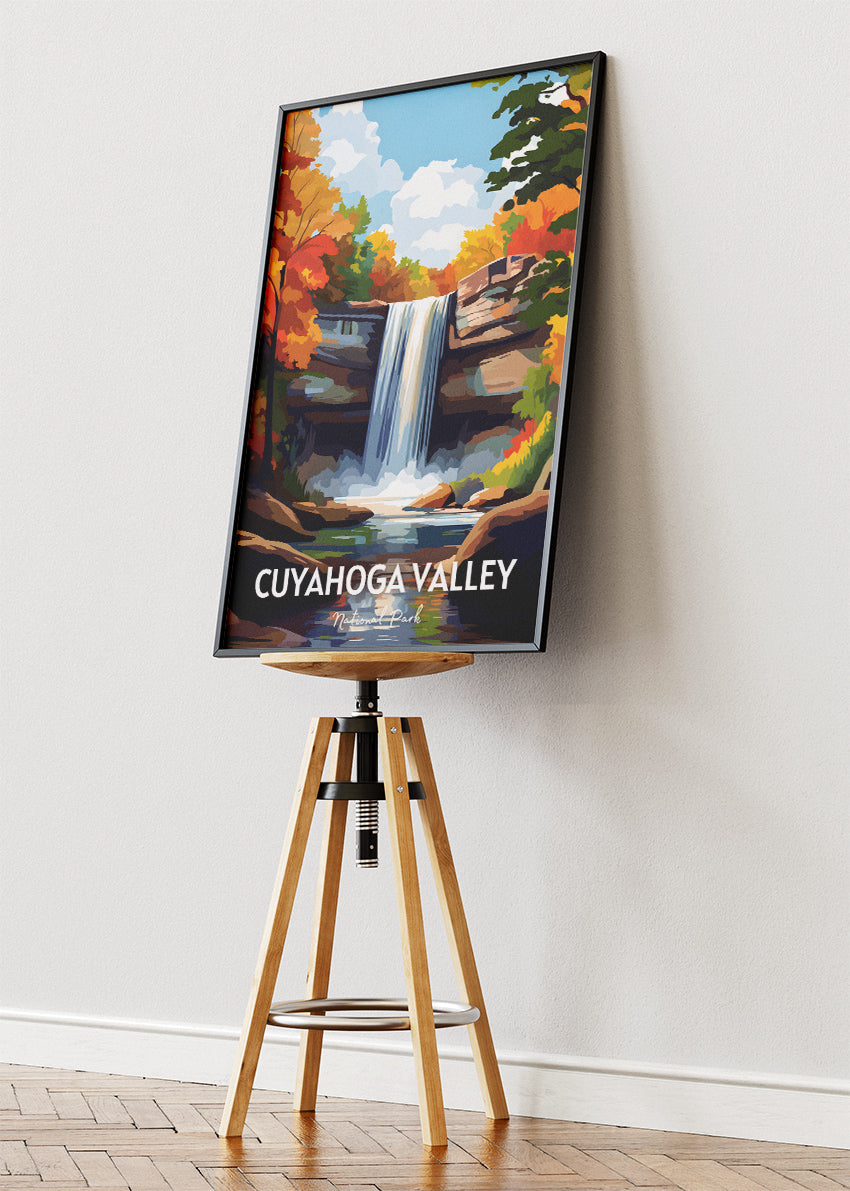 Cuyahoga Valley National Park Poster & Canvas Print – Illustrated Waterfall & Autumn Forest Wall Art