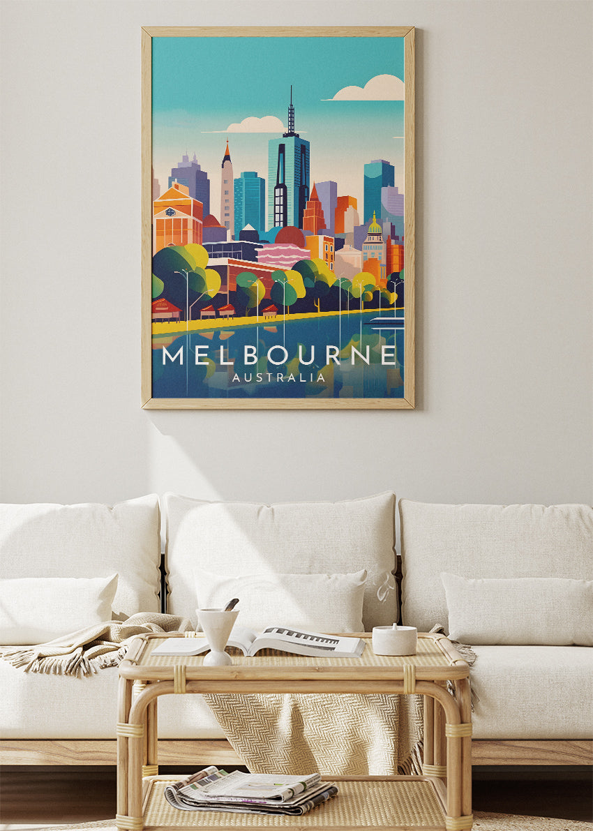 Melbourne Australia Travel Poster & Canvas Wall Art – Modern City Skyline Print