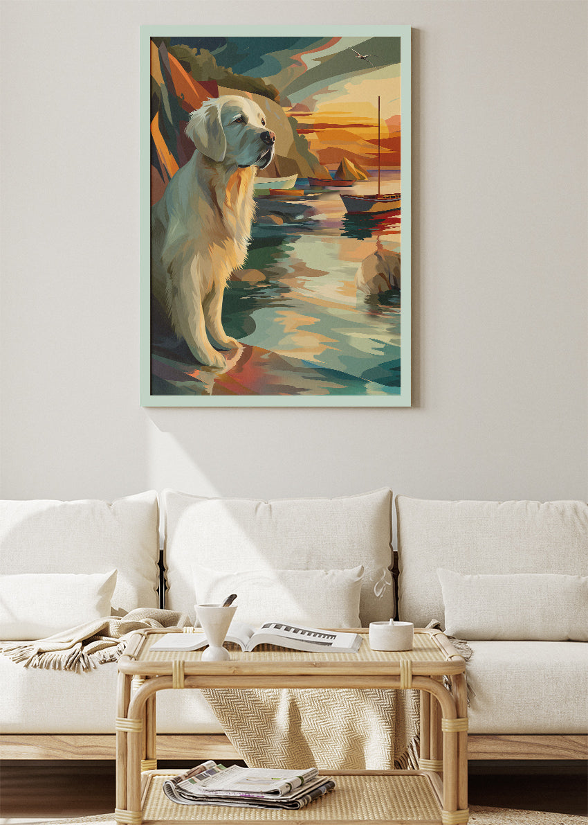 Golden Retriever Sunset Canvas Print & Poster – Coastal Dog Wall Art