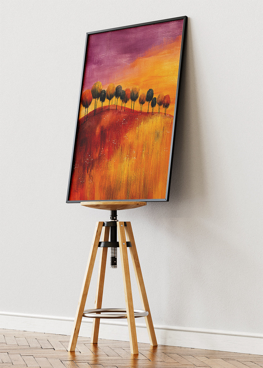 Abstract Sunset Hills Wall Art – Warm Orange Landscape Canvas Print & Modern Minimal Tree Poster for Living Room Decor UK