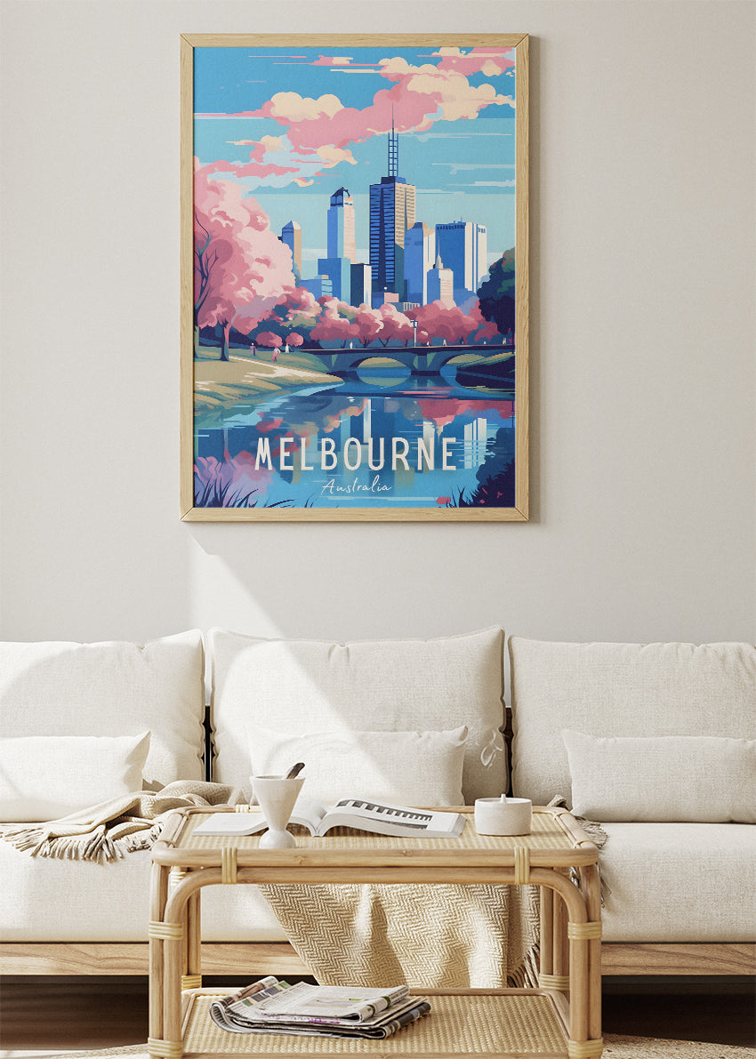 Melbourne Australia Travel Poster & Canvas Wall Art – Pink Blossoms City Skyline Print