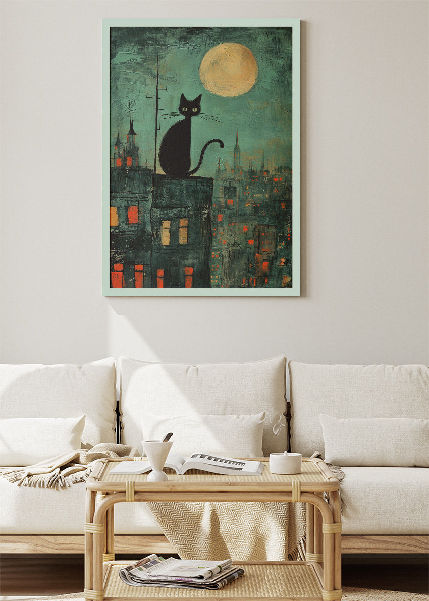 Black Cat Moonlight City Canvas Print & Poster – Night Skyline Wall Art