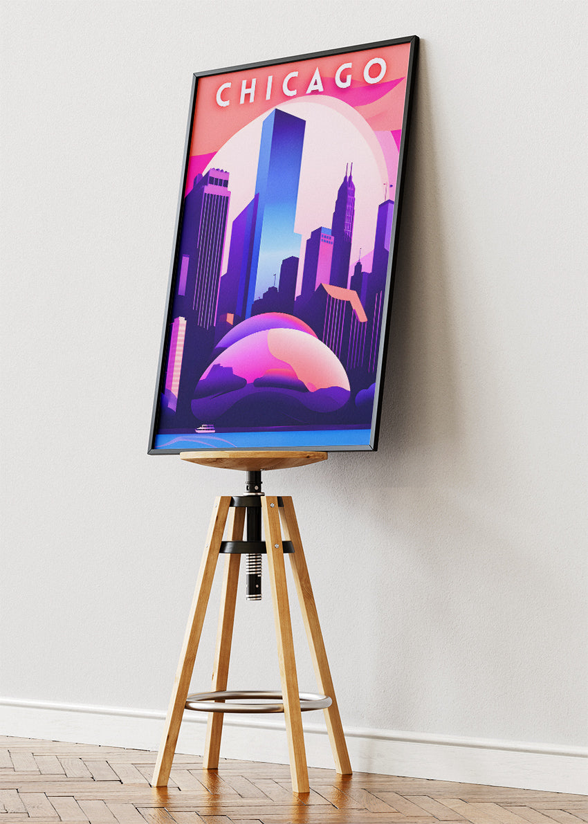 Chicago Illinois Poster & Canvas Print – Neon Skyline Futuristic Illustration