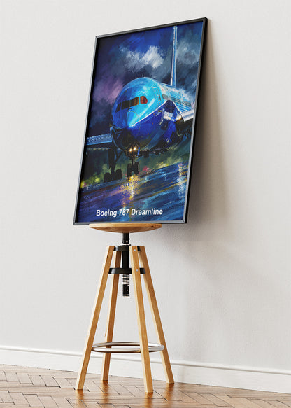 Boeing 787 Dreamliner Poster & Canvas Print – Rainy Runway Aviation Art – Aiprintlab