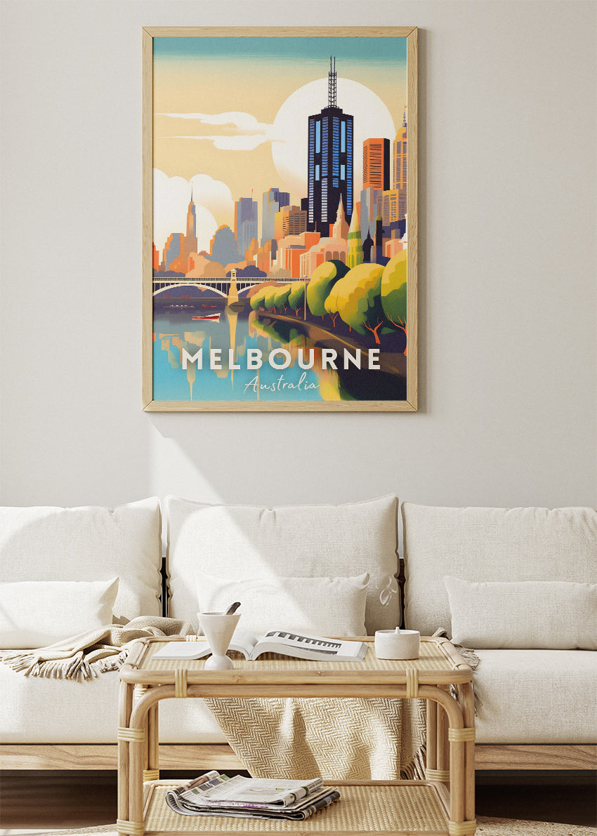 Melbourne Australia Travel Poster & Canvas Wall Art – Sunset City Skyline Print