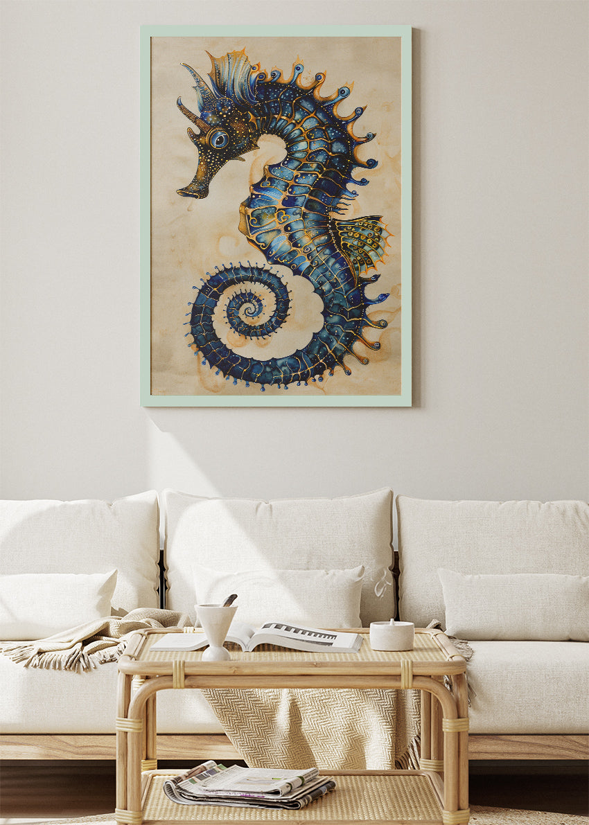 Golden Blue Seahorse Canvas Print & Poster – Elegant Ocean Animal Wall Art