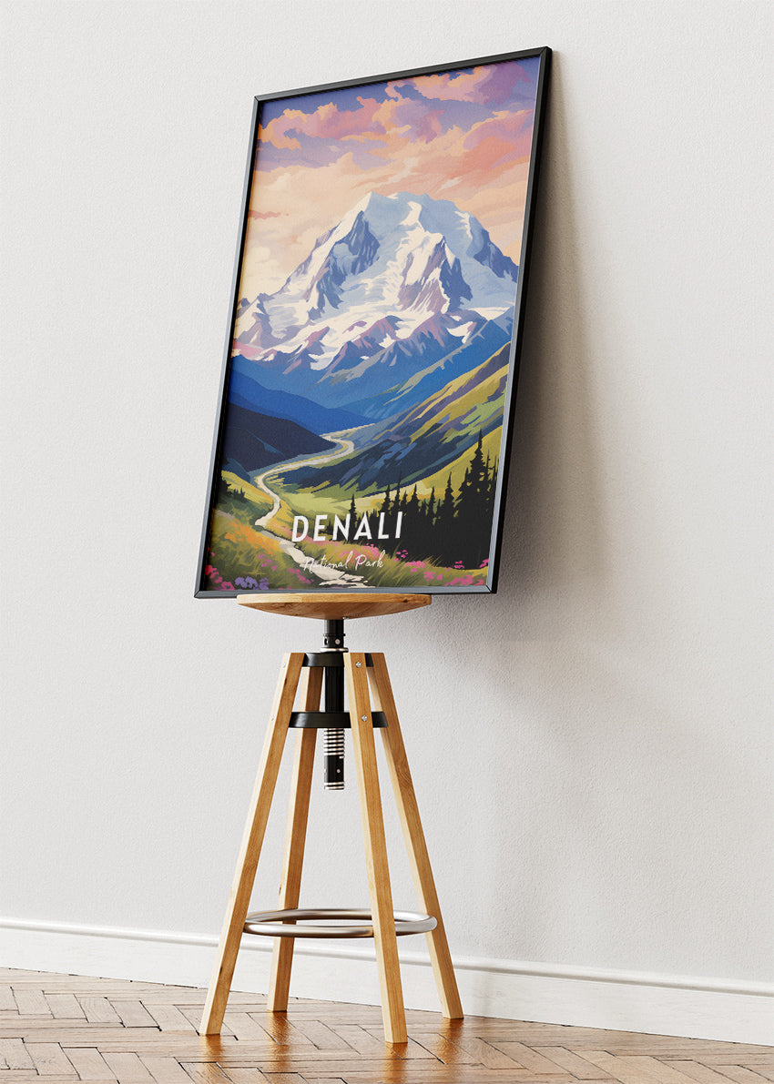 Denali National Park Poster & Canvas Print – Mountain Landscape Illustration Wall Art