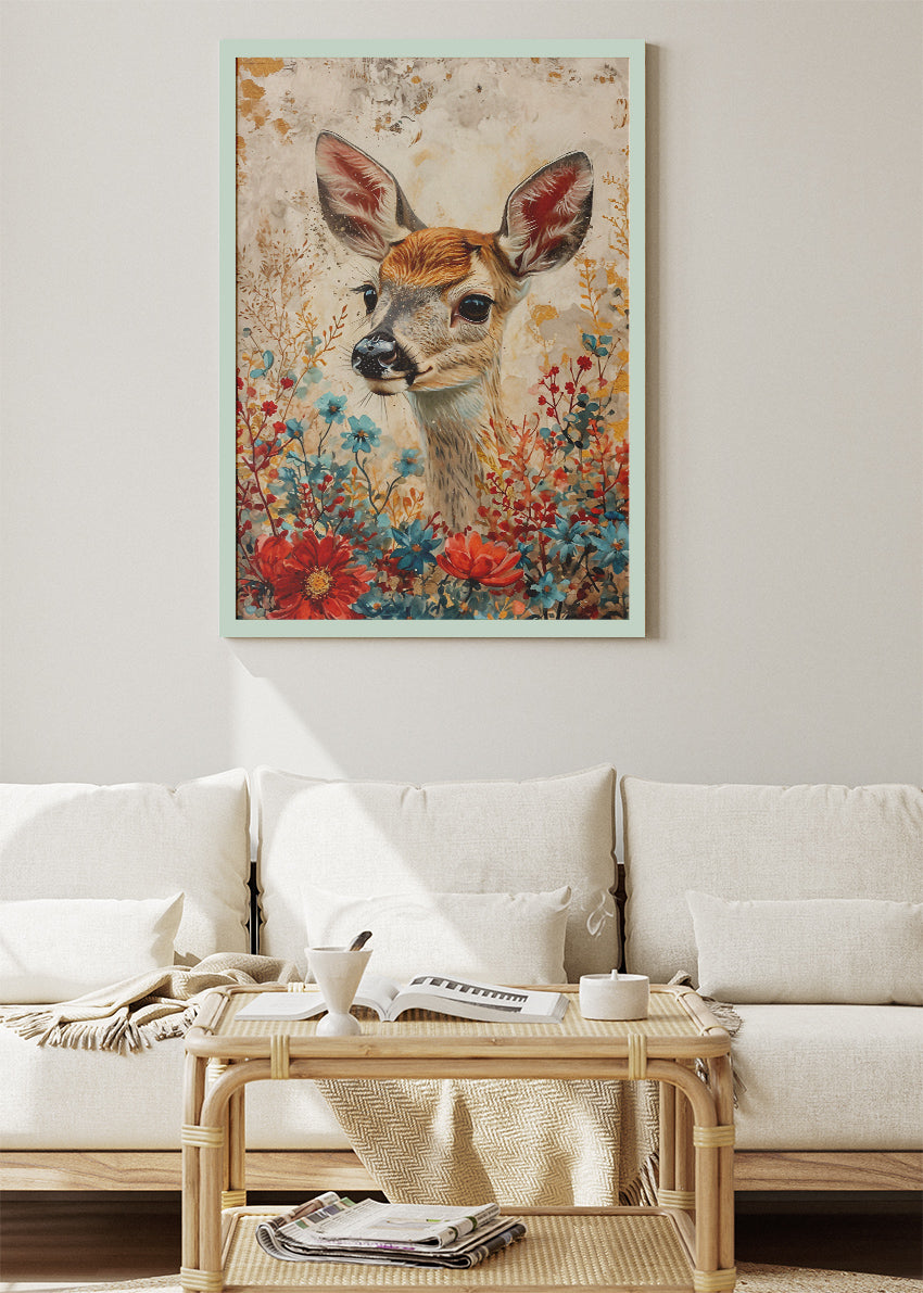 Floral Baby Deer Canvas Print & Poster – Gentle Wildlife Wall Art