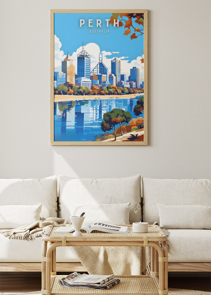 Perth Australia Travel Poster & Canvas Wall Art – Modern Skyline Illustration Print