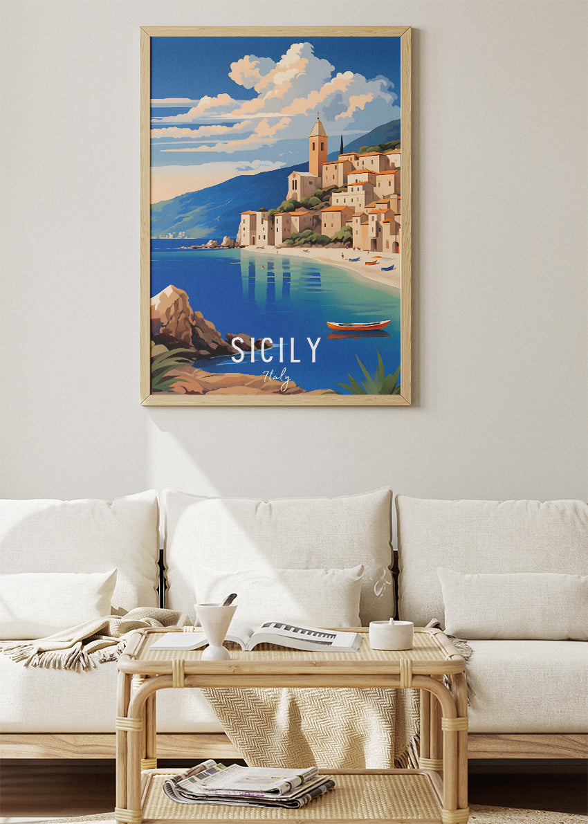 Sicily Italy Poster & Canvas Print – Illustrated Coastal Village Art