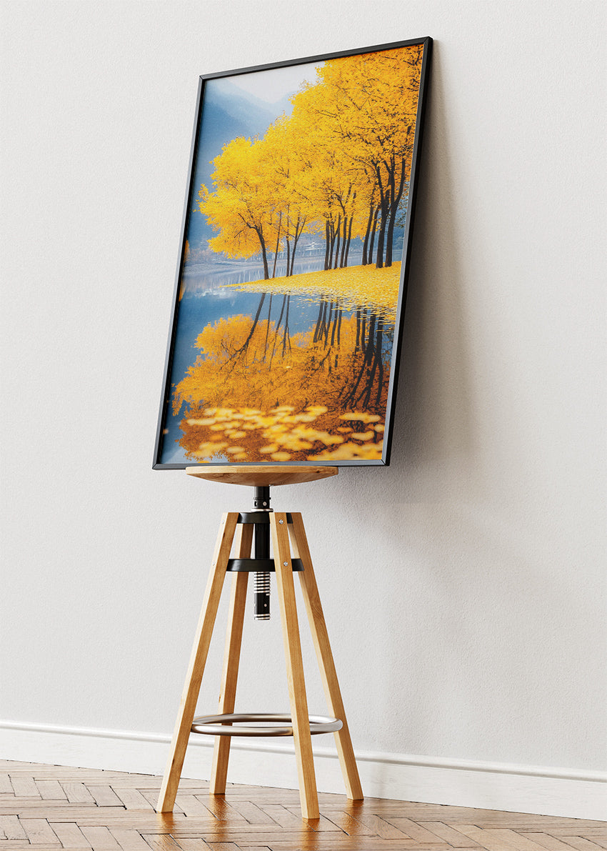 Golden Autumn Lake Wall Art – Yellow Tree Reflection Canvas Print & Serene Nature Landscape Poster UK