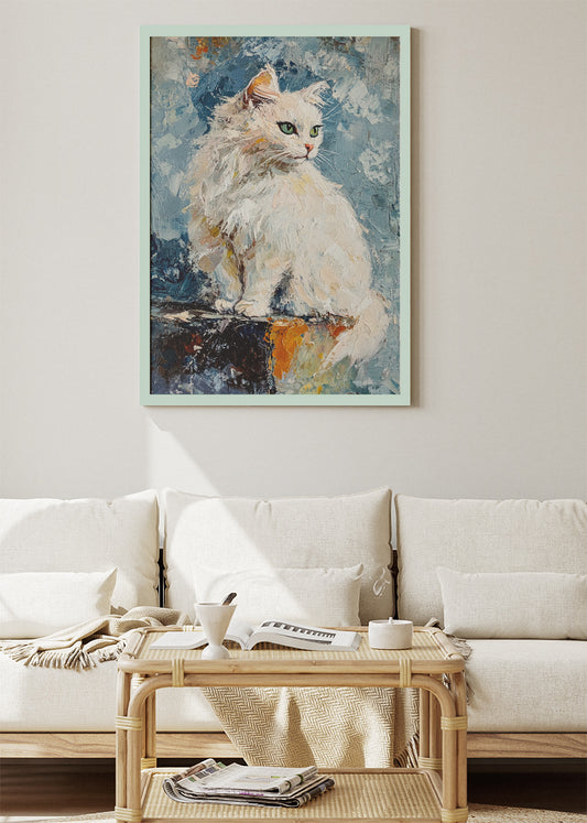 Elegant White Cat Poster & Canvas Print – Textured Oil Painting Art