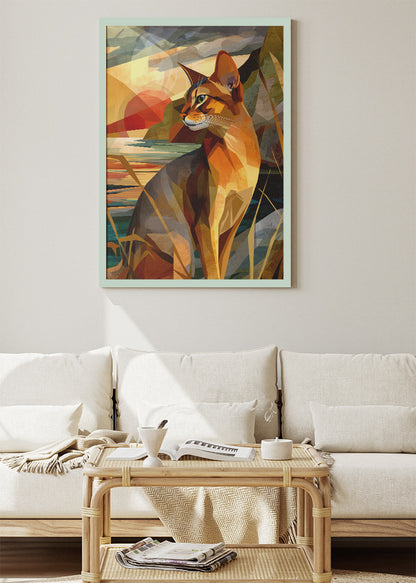 Geometric Sunset Cat Poster & Canvas Print – Modern Abstract Animal Art