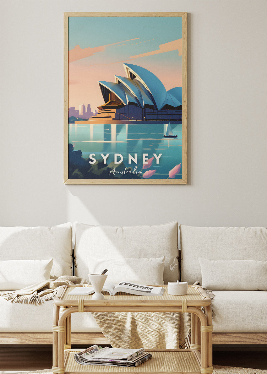Sydney Australia Travel Poster & Canvas Wall Art – Modern Opera House Sunset Illustration Print