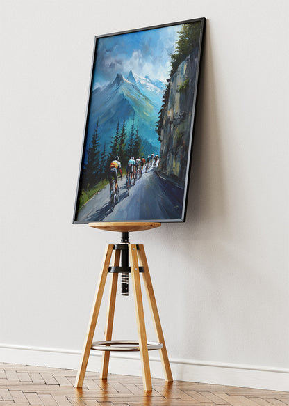 Alpine Cliffside Peloton Cycling Art Print & Canvas – Mountain Road Cycling Wall Art