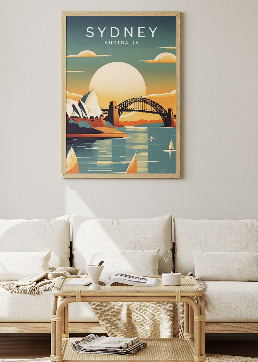 Sydney Australia Travel Poster & Canvas Wall Art – Harbour Bridge & Opera House Sunset Illustration Print