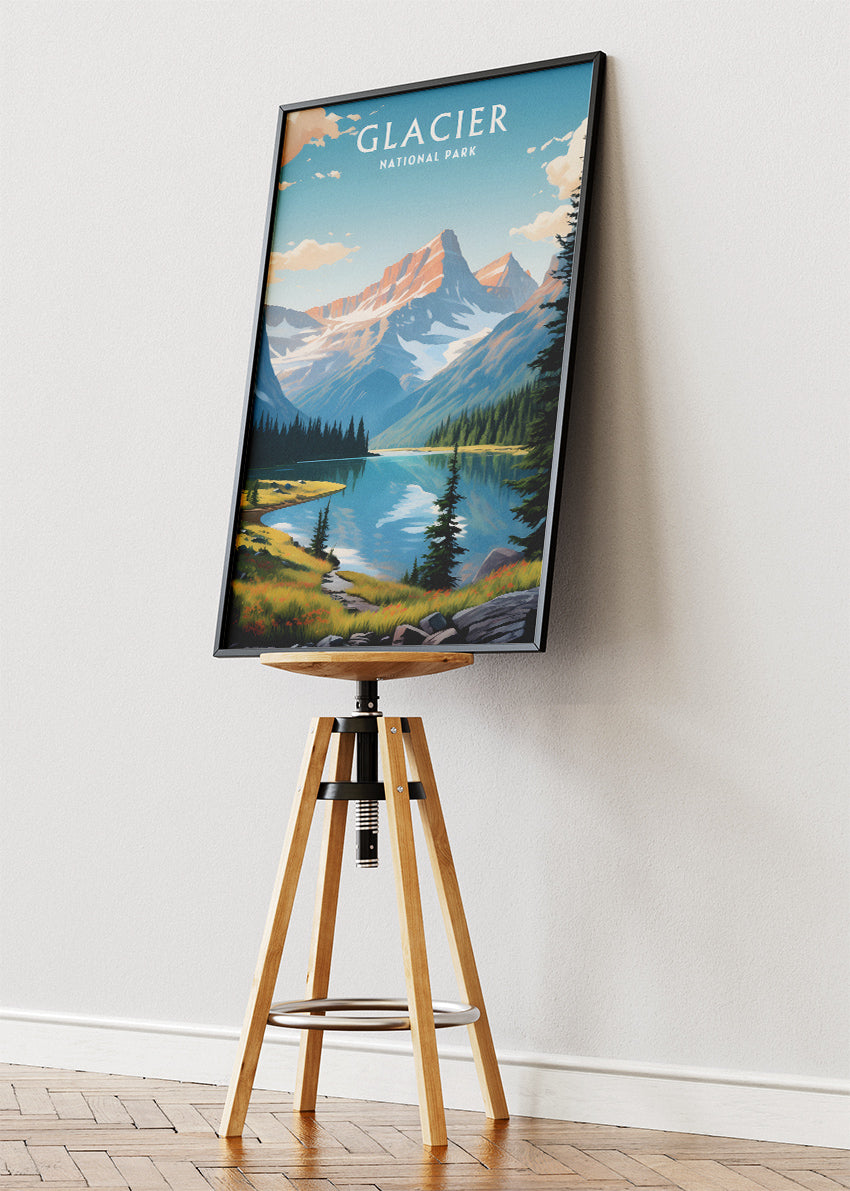 Glacier National Park Poster & Canvas Print – Mountain Lake Landscape Illustration Wall Art