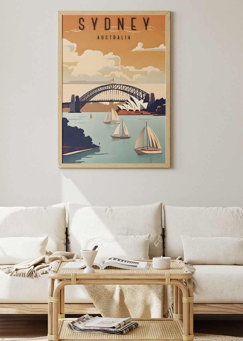 Sydney Australia Travel Poster & Canvas Wall Art – Harbour Bridge & Opera House Vintage Sailing Illustration