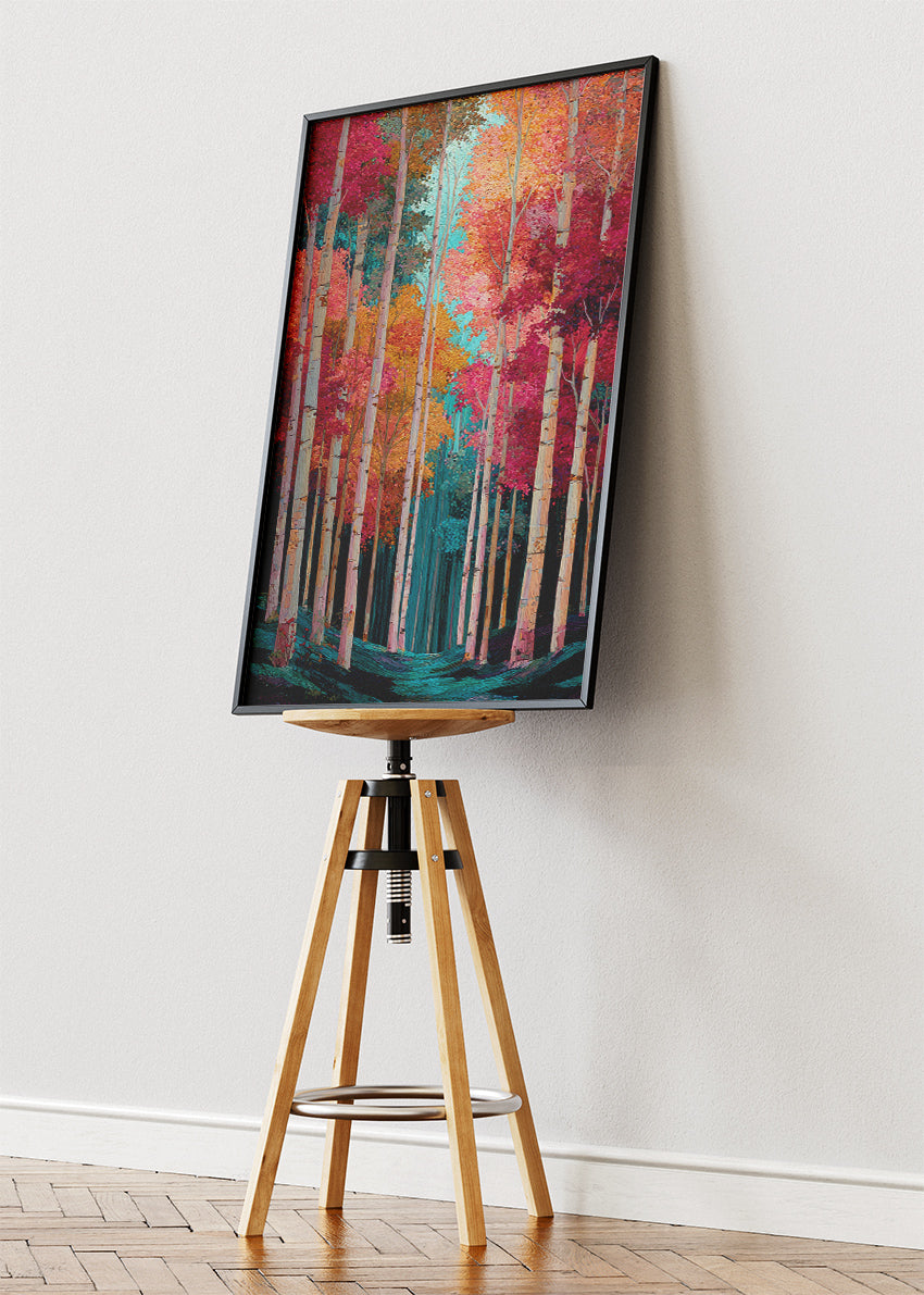 Vibrant Autumn Forest Wall Art – Colorful Birch Tree Canvas Print & Modern Nature Portrait Poster