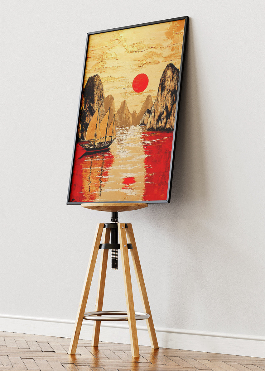 Crimson Sun Harbour – Oriental Inspired Mountain & Sailboat Wall Art Poster & Canvas – AI PRINT LAB