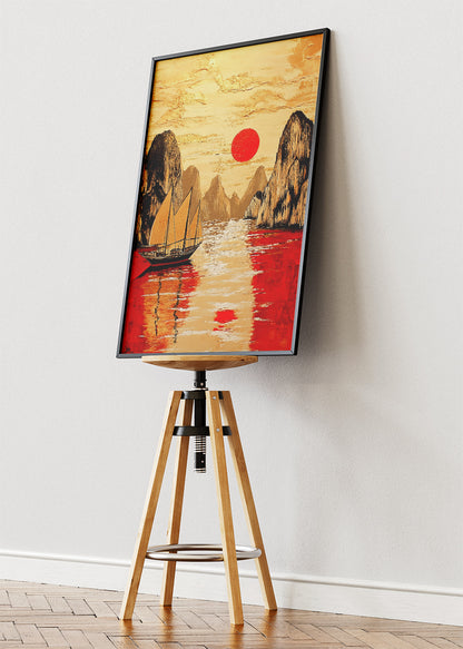 Crimson Sun Harbour – Oriental Inspired Mountain & Sailboat Wall Art Poster & Canvas – AI PRINT LAB