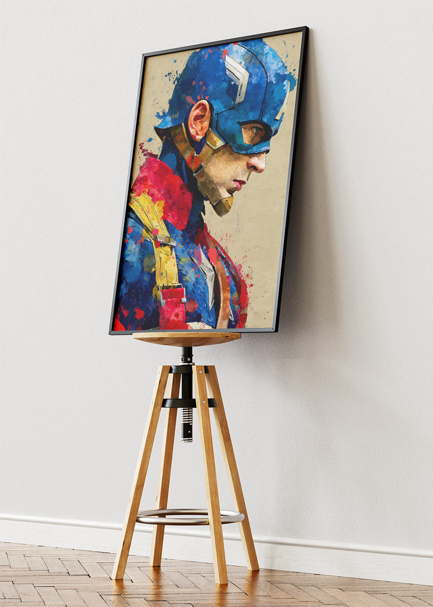 Captain America – Watercolor Splash Portrait Canvas & Poster Print – AI PRINT LAB