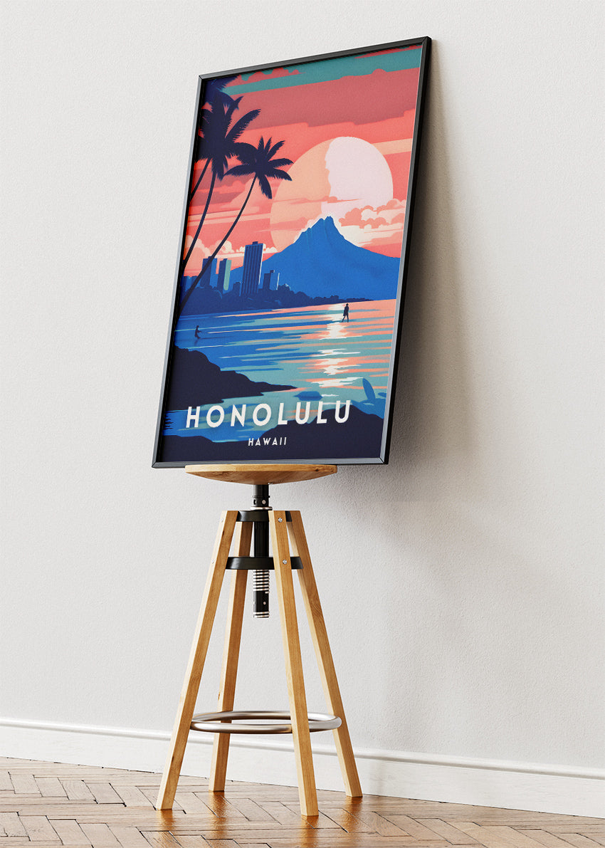 Honolulu Hawaii Poster & Canvas Print – Tropical Sunset Coastline Illustration