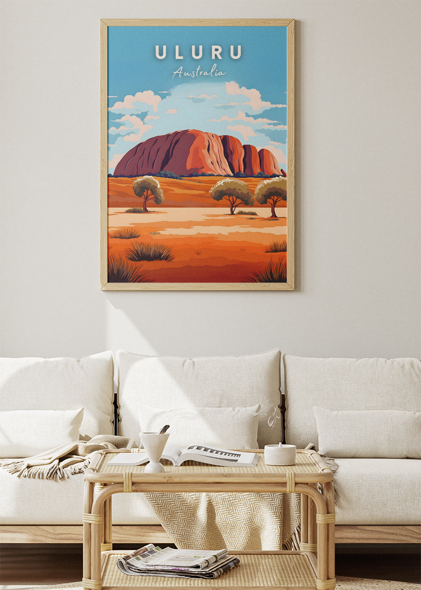 Uluru Australia Travel Poster & Canvas Wall Art – Red Desert Landscape Illustration
