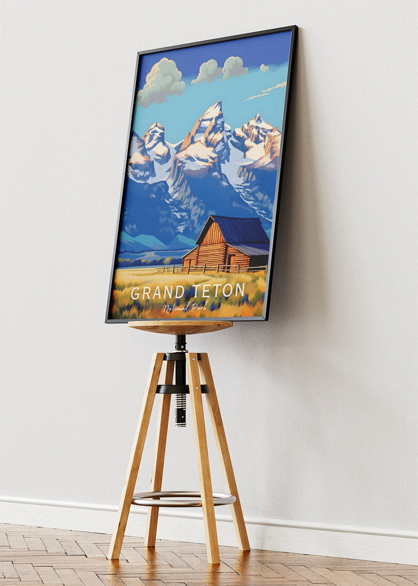 Grand Teton National Park Poster & Canvas Print – Mountain Barn Landscape Illustration Wall Art