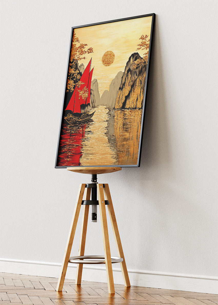 Golden Horizon with Crimson Sails – Oriental Inspired Mountain Harbour Wall Art – AI PRINT LAB