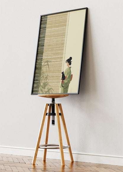 Japanese Minimalist Woman with Cat Wall Art – Zen Bamboo Canvas Print & Elegant Portrait Poster