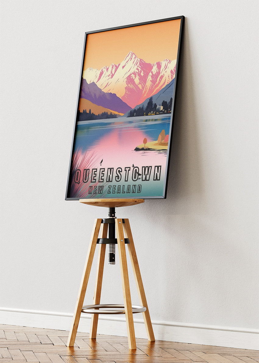 Queenstown New Zealand Poster & Canvas Print – Modern Illustrated Sunset Mountain Art