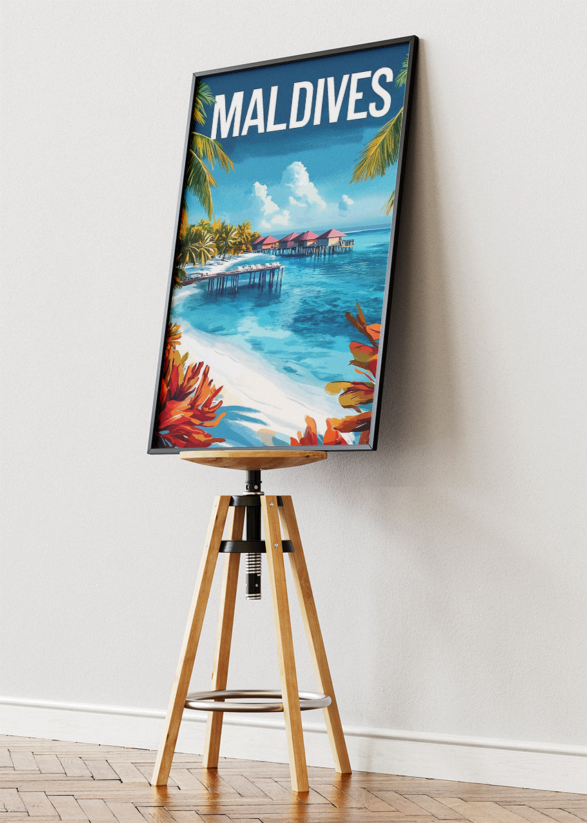 Maldives Poster & Canvas Print – Illustrated Overwater Villa Beach Art