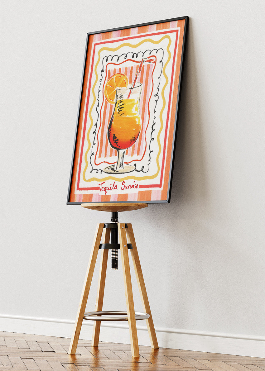 Tequila Sunrise Retro Illustration Poster & Canvas Print | Hand-Drawn Cocktail Wall Art