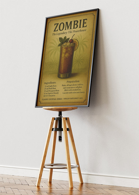 Zombie Vintage Tiki Cocktail Poster & Canvas Print | Classic Recipe Bar Wall Art
