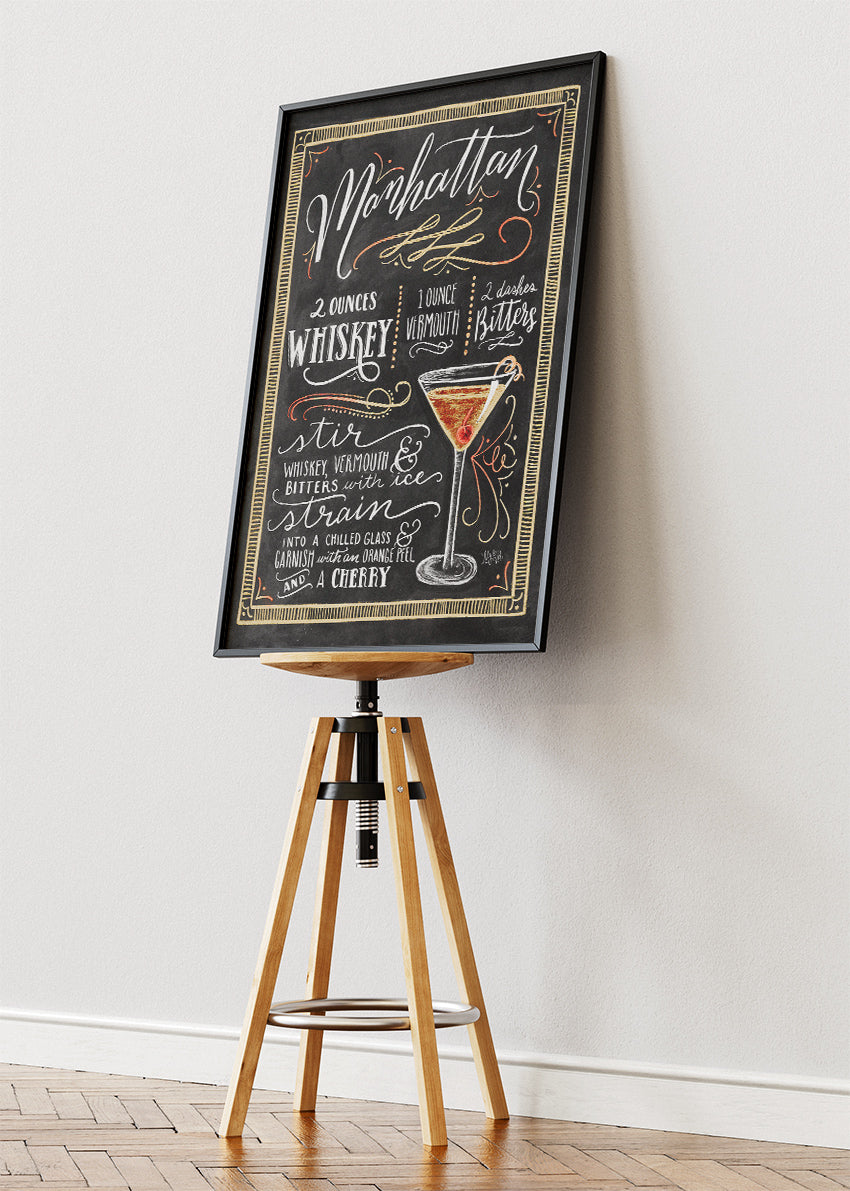 Manhattan Chalkboard Cocktail Recipe Poster & Canvas Print | Vintage Bar Wall Art