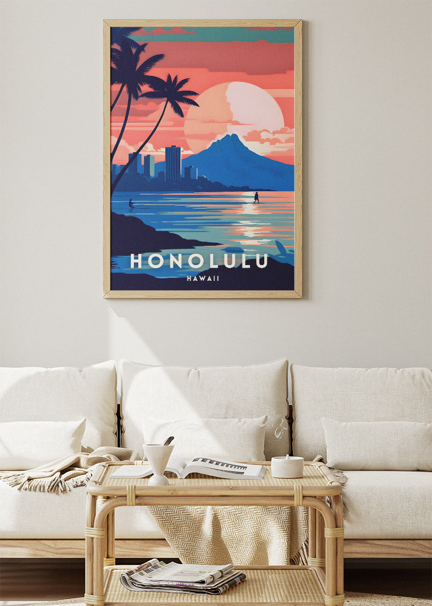 Honolulu Hawaii Sunset Poster & Canvas Print – Illustrated Tropical Skyline Art