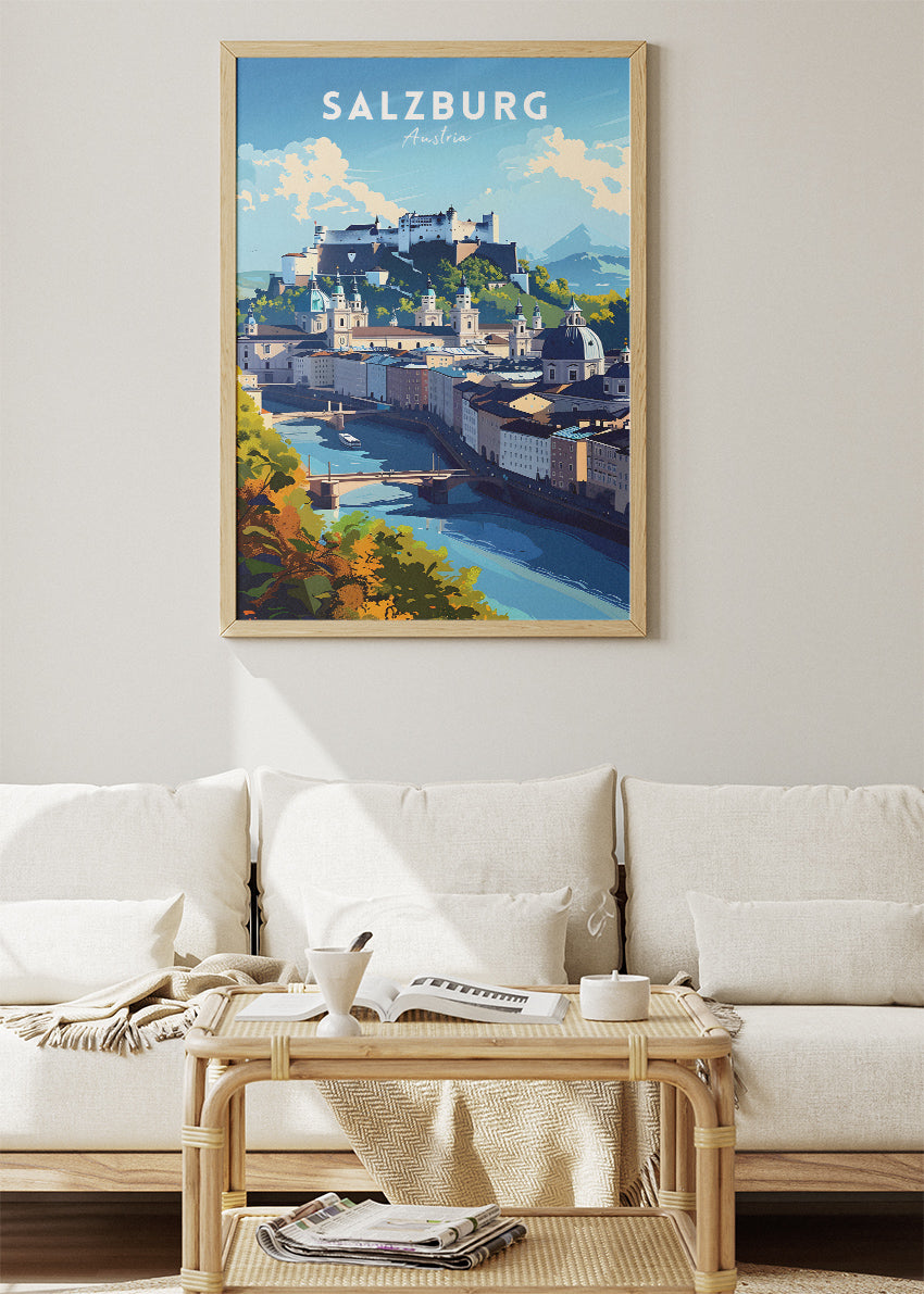 Salzburg Austria Travel Poster & Canvas Wall Art – Old Town & Fortress Hohensalzburg Illustration