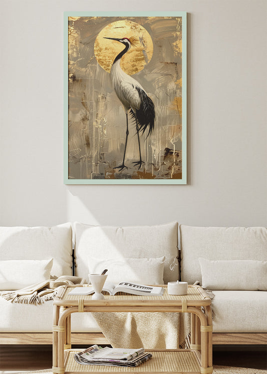 Golden Crane Poster & Canvas Print – Elegant Japanese Minimalist Bird Art