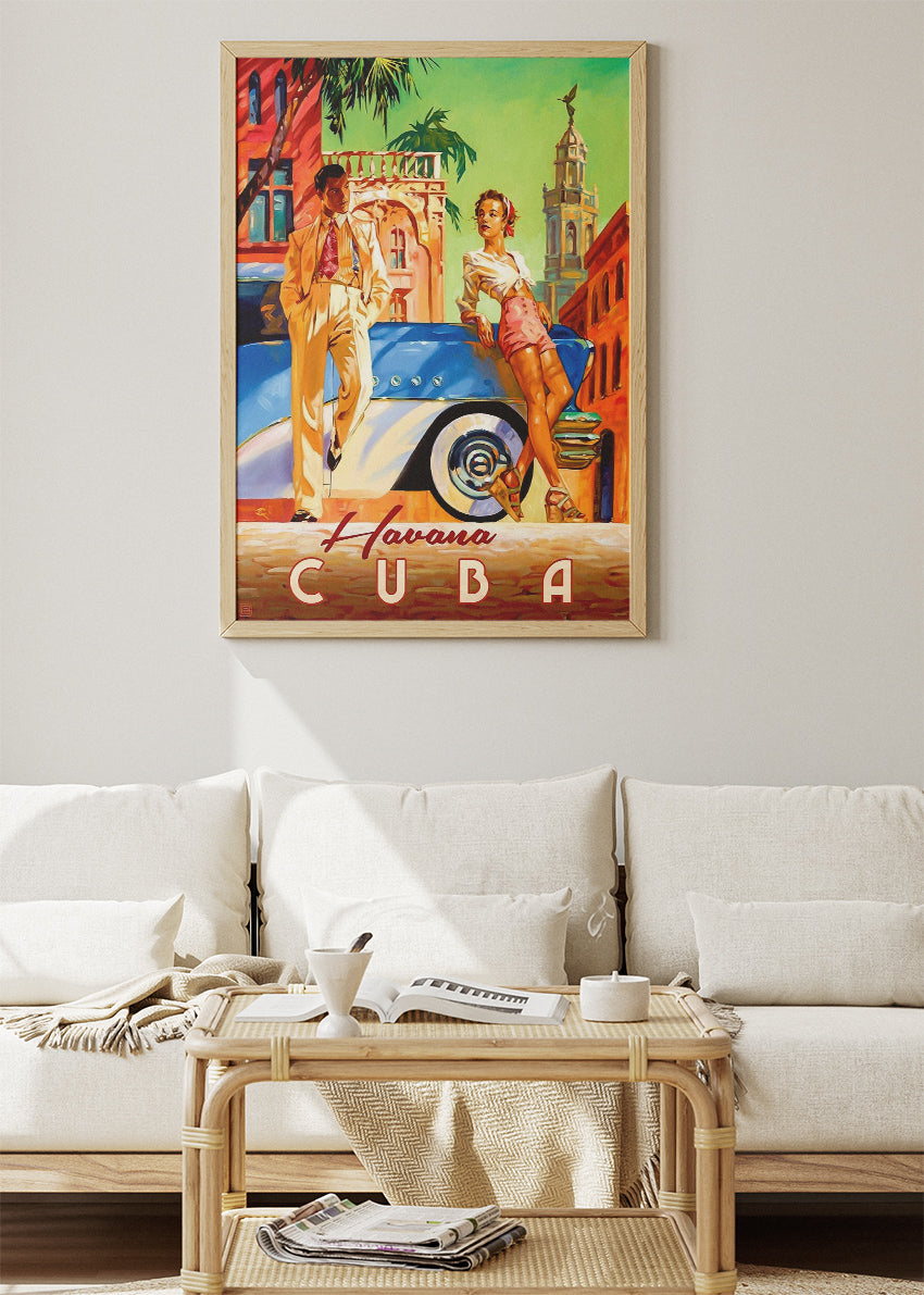 Havana Cuba Vintage Poster & Canvas Print – Retro Classic Car & Stylish Couple Illustration