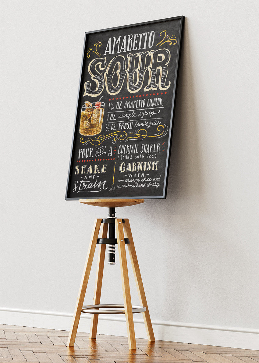 Amaretto Sour Recipe Poster & Canvas Print | Vintage Chalkboard Cocktail Wall Art