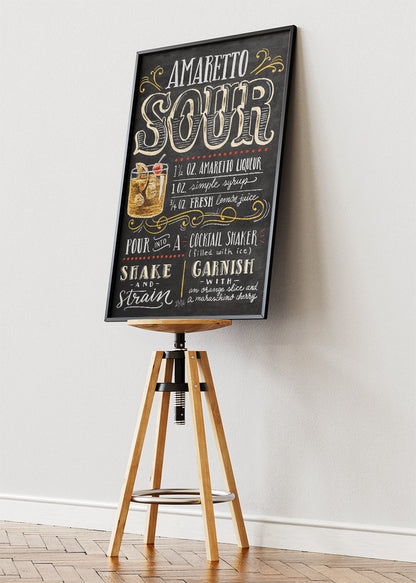 Amaretto Sour Recipe Poster & Canvas Print | Vintage Chalkboard Cocktail Wall Art
