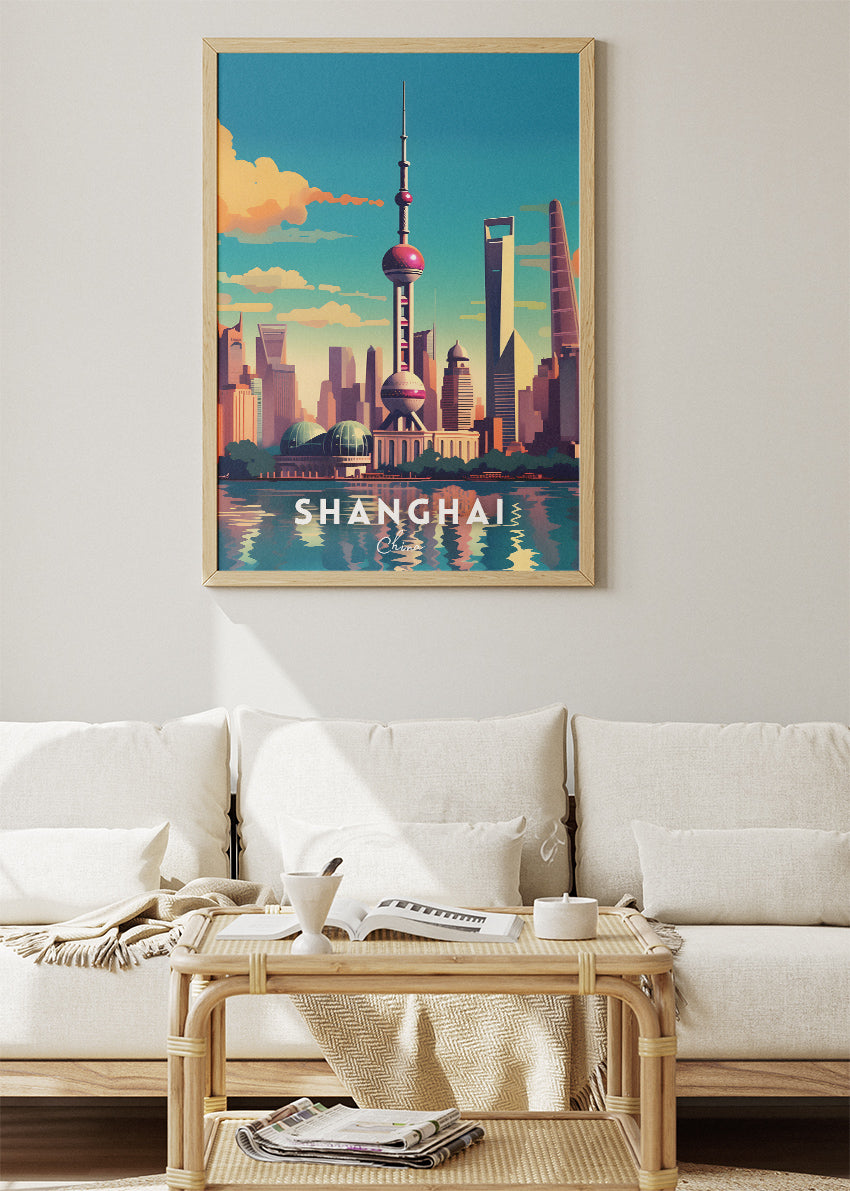 Shanghai China Travel Poster & Canvas Print – Skyline Illustration Wall Art