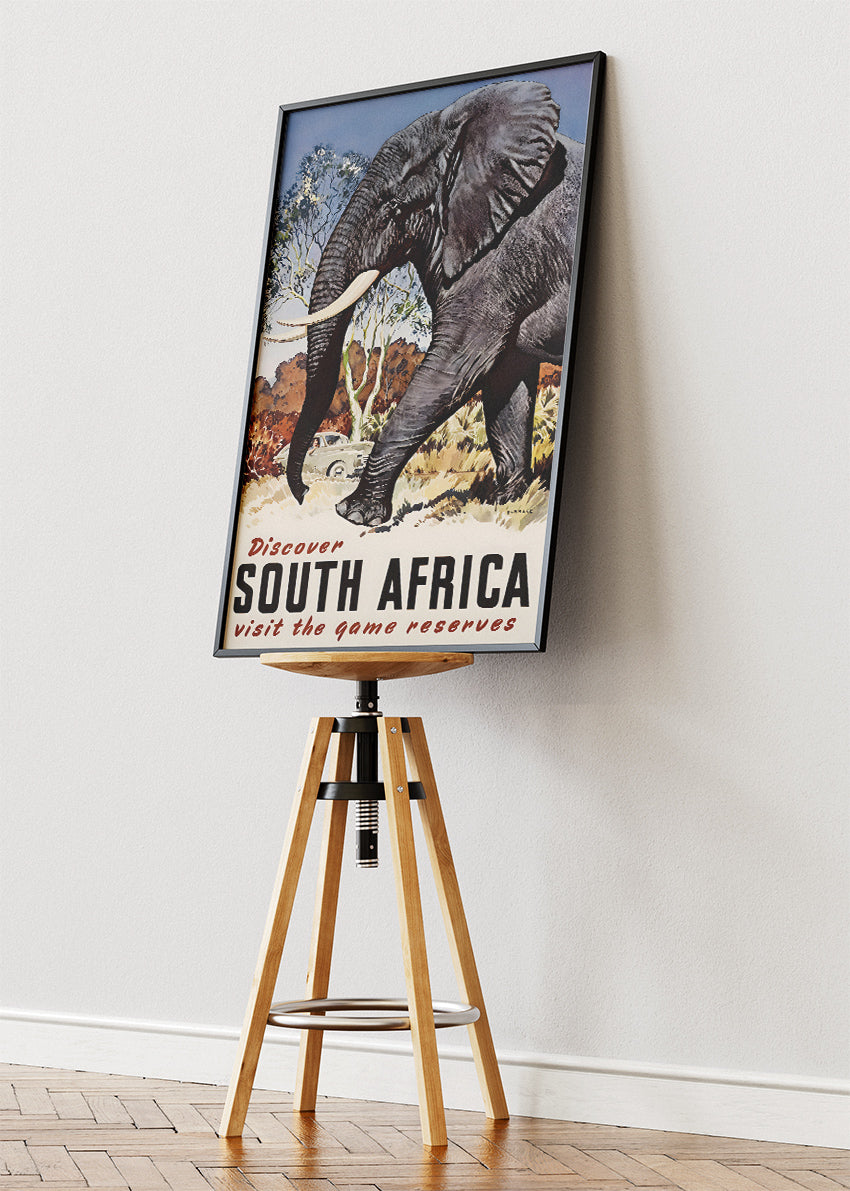 South Africa Elephant Safari Poster & Canvas Print – Vintage Wildlife Travel Art