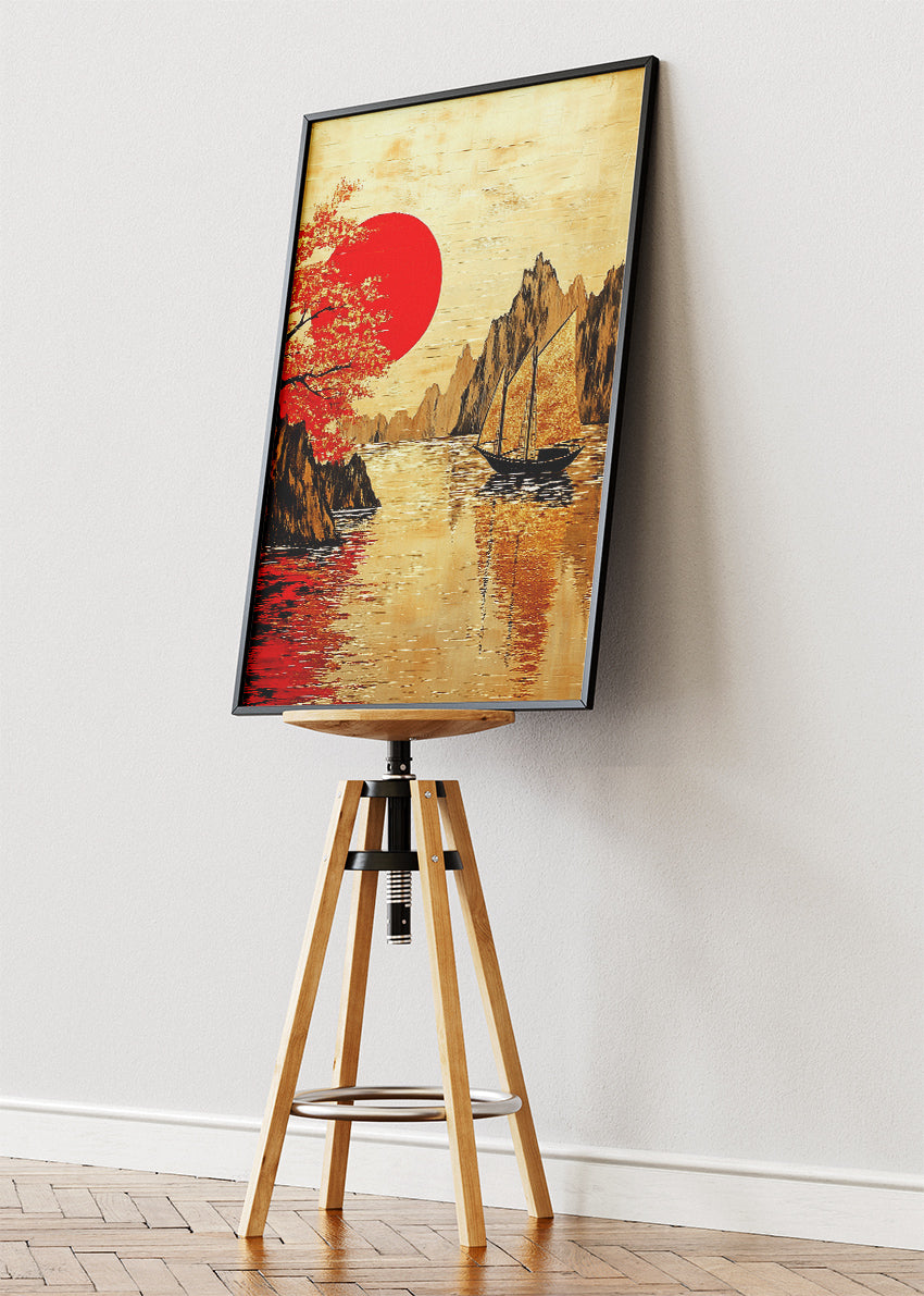 Golden River Sunset with Red Sun – Oriental Inspired Sailboat Wall Art – AI PRINT LAB