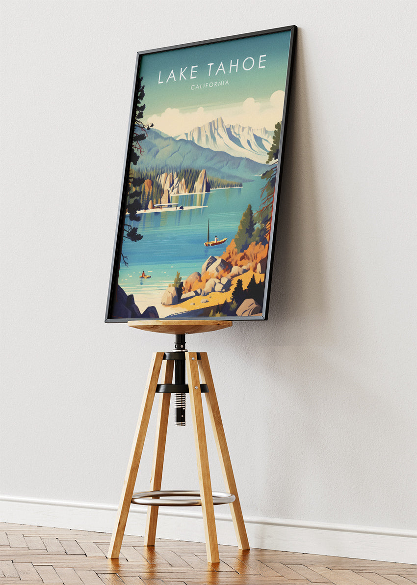 Lake Tahoe California Poster & Canvas Print – Scenic Mountain Lake Illustration