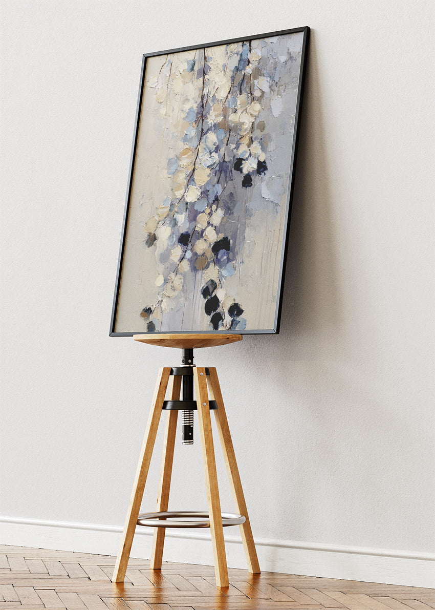 Soft Neutral Abstract Floral Wall Art – Textured Blue & Beige Canvas Print | Modern Botanical Portrait Poster